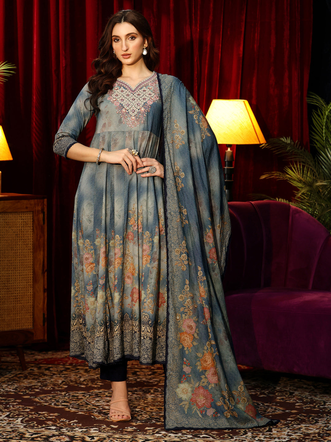  Dusty Blue Floral Printed Cotton Anarkali Suit Set 