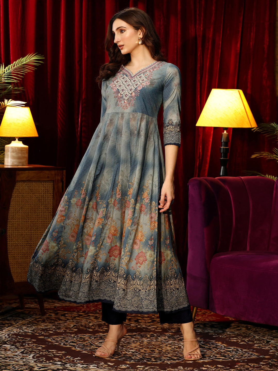  Dusty Blue Floral Printed Cotton Anarkali Suit Set 