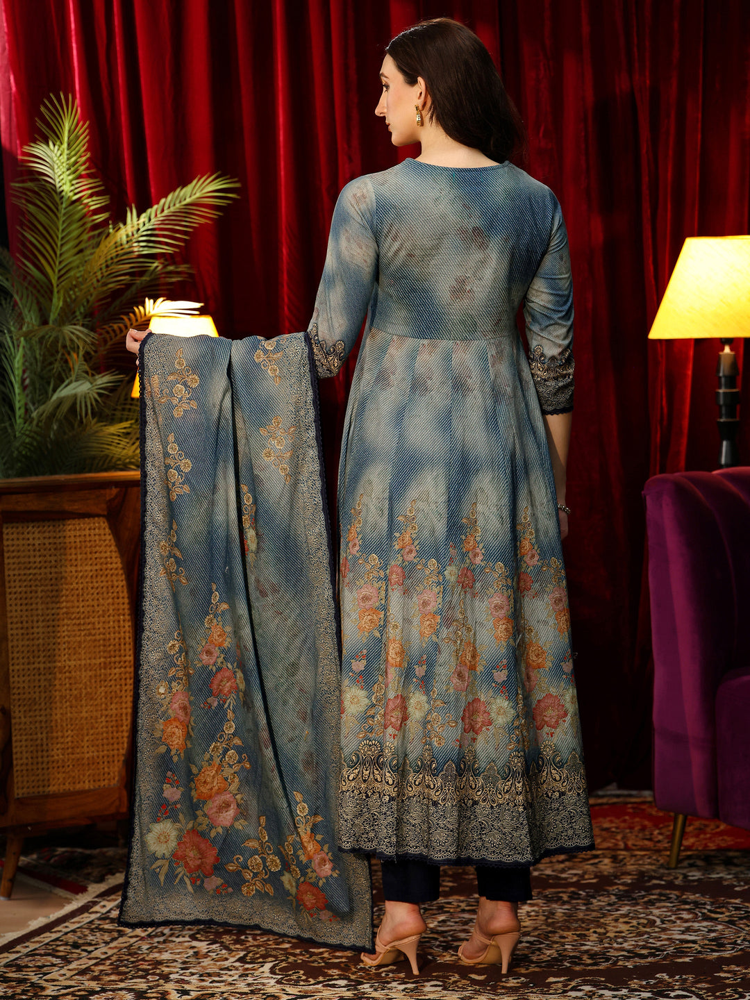  Dusty Blue Floral Printed Cotton Anarkali Suit Set 