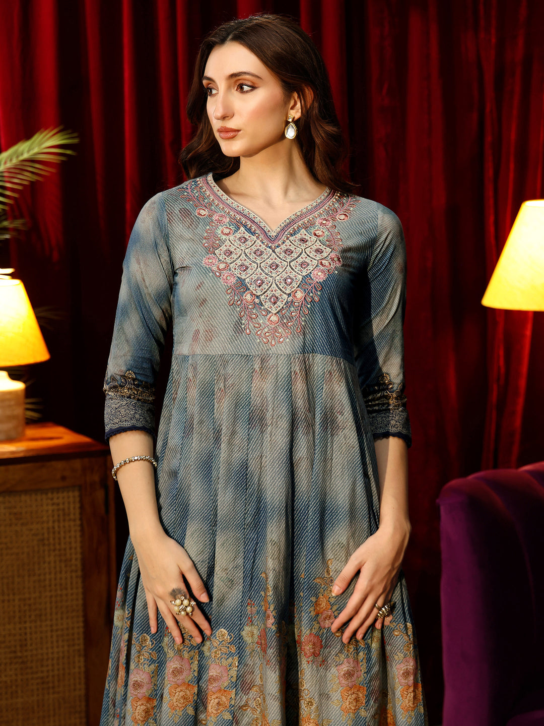  Dusty Blue Floral Printed Cotton Anarkali Suit Set 