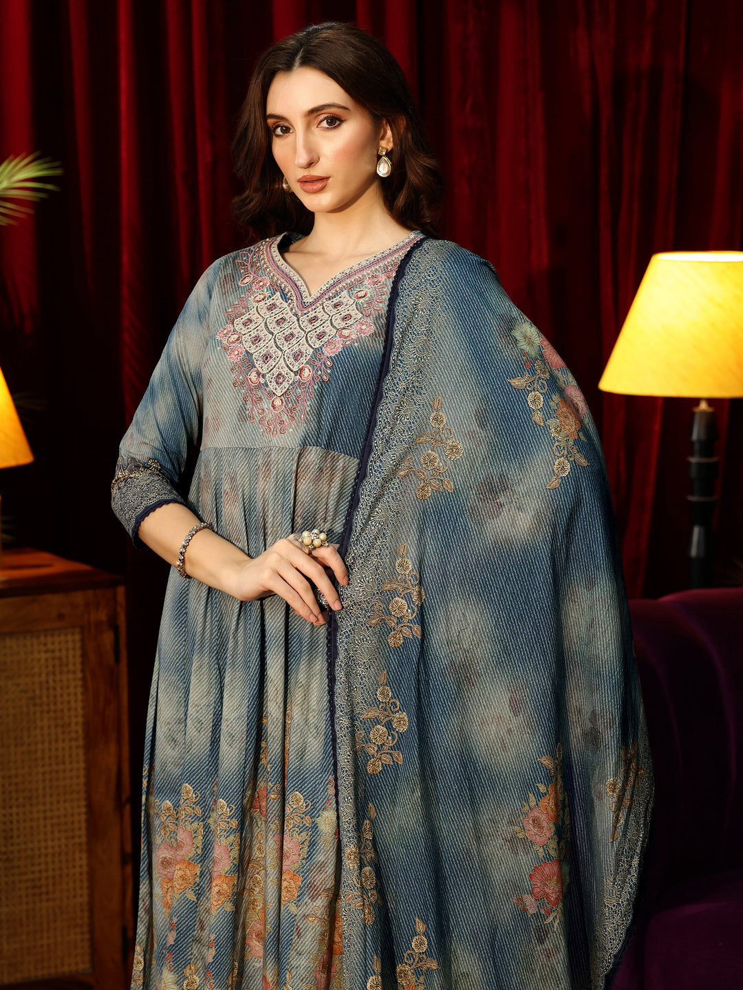  Dusty Blue Floral Printed Cotton Anarkali Suit Set 