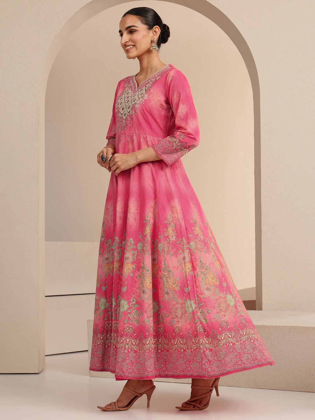  Pink Floral Printed Cotton Anarkali Suit Set 
