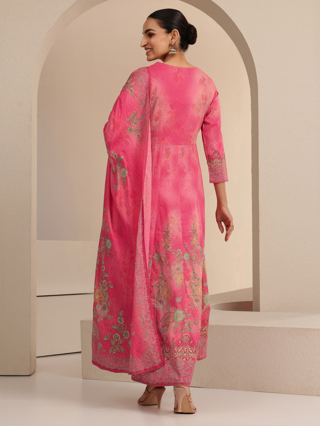  Pink Floral Printed Cotton Anarkali Suit Set 