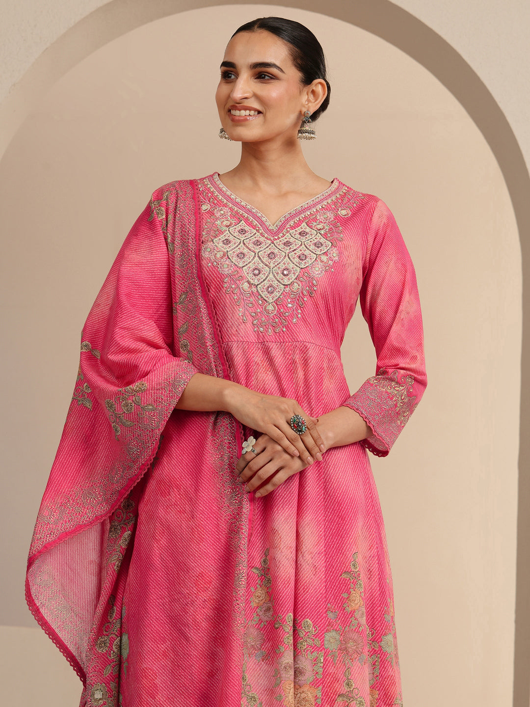  Pink Floral Printed Cotton Anarkali Suit Set 