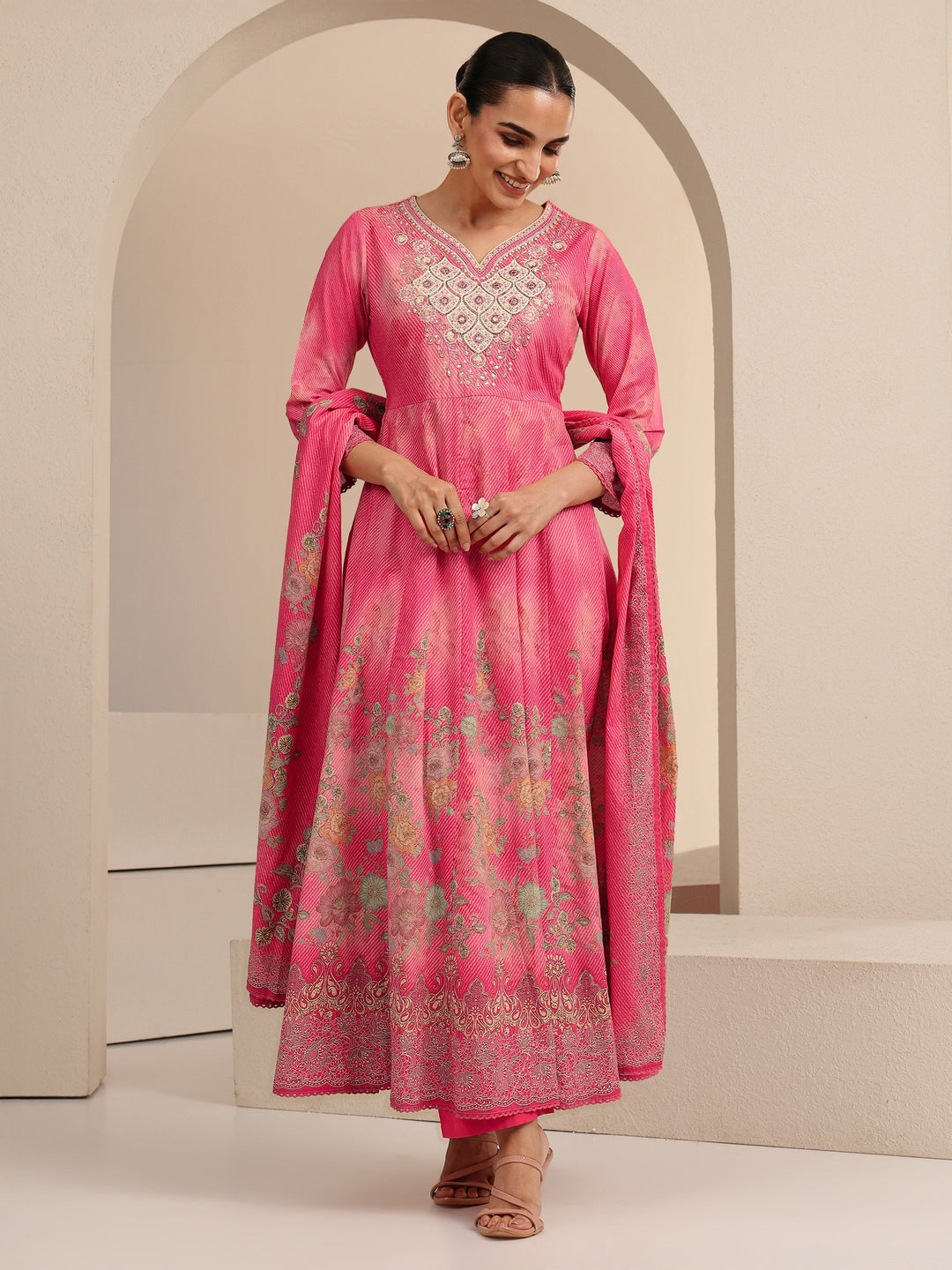  Pink Floral Printed Cotton Anarkali Suit Set 