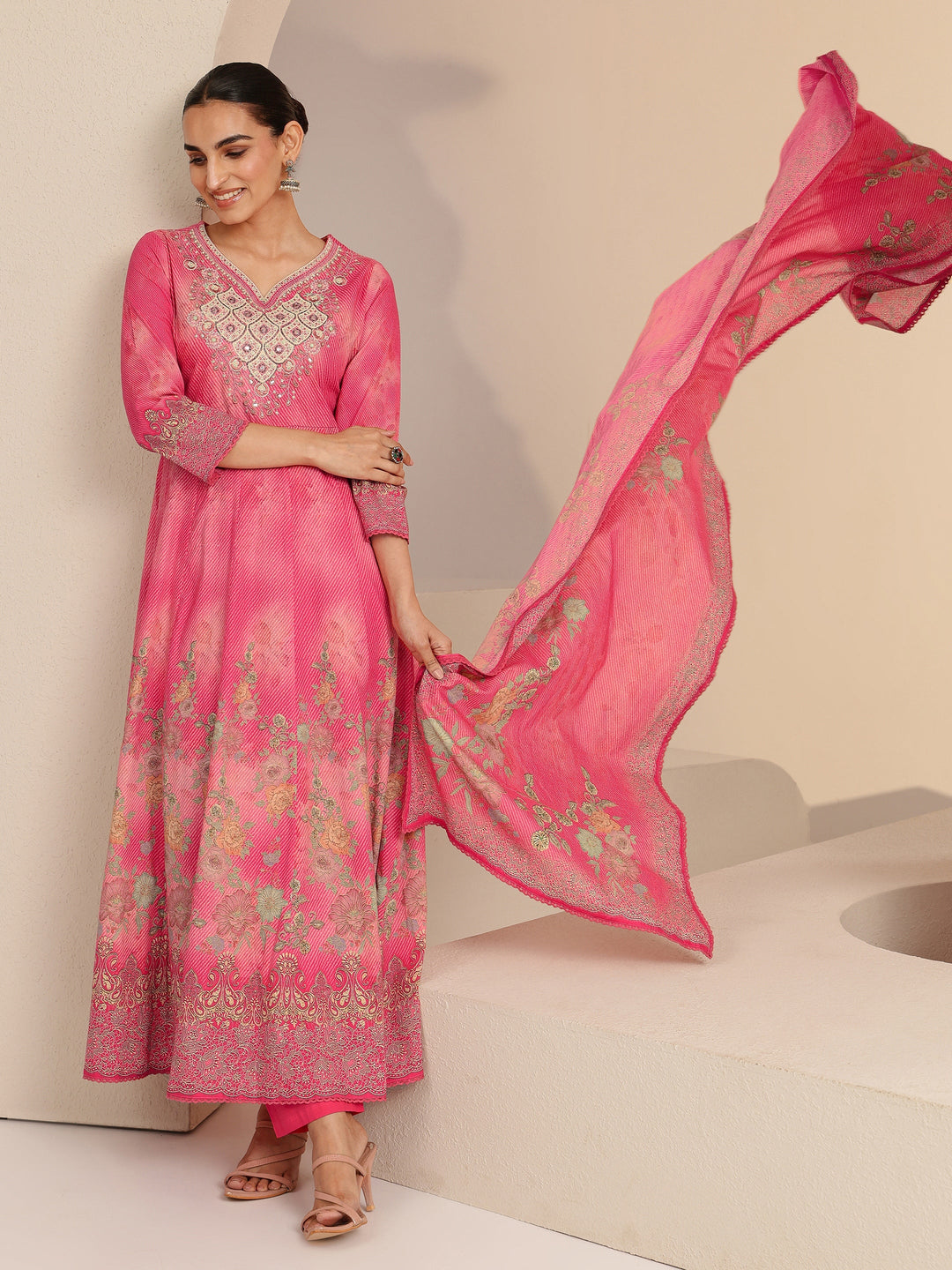  Pink Floral Printed Cotton Anarkali Suit Set 