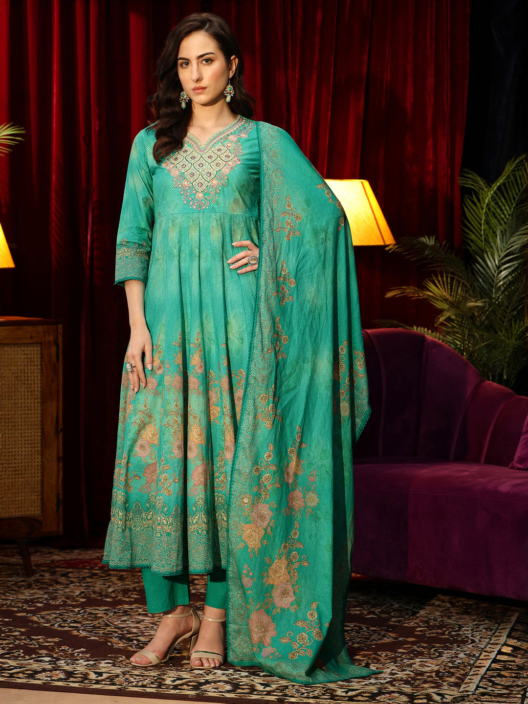  Teal Green Floral Printed Cotton Anarkali Suit Set 