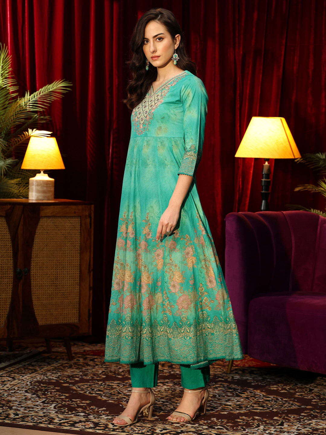  Teal Green Floral Printed Cotton Anarkali Suit Set 