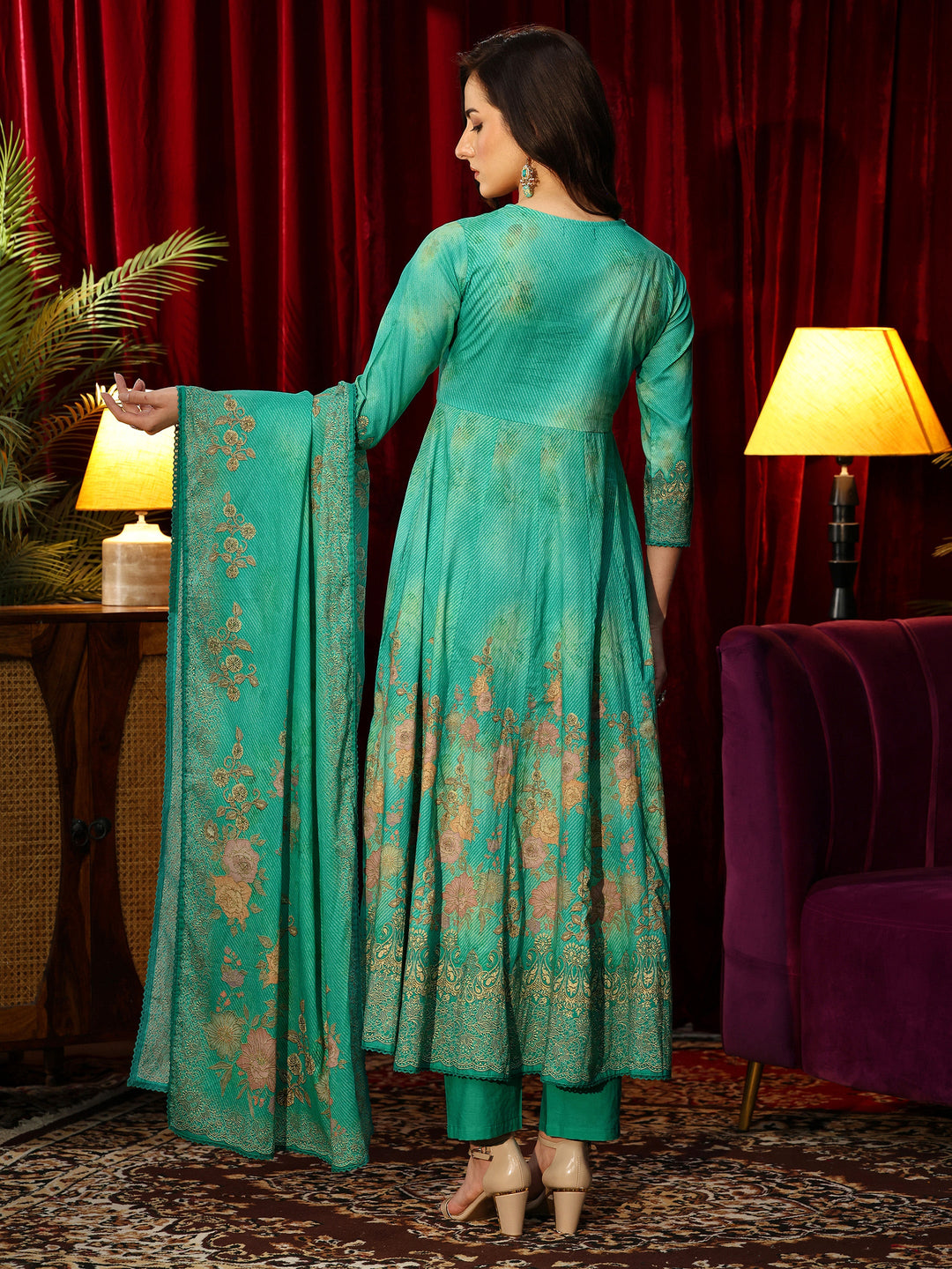  Teal Green Floral Printed Cotton Anarkali Suit Set 