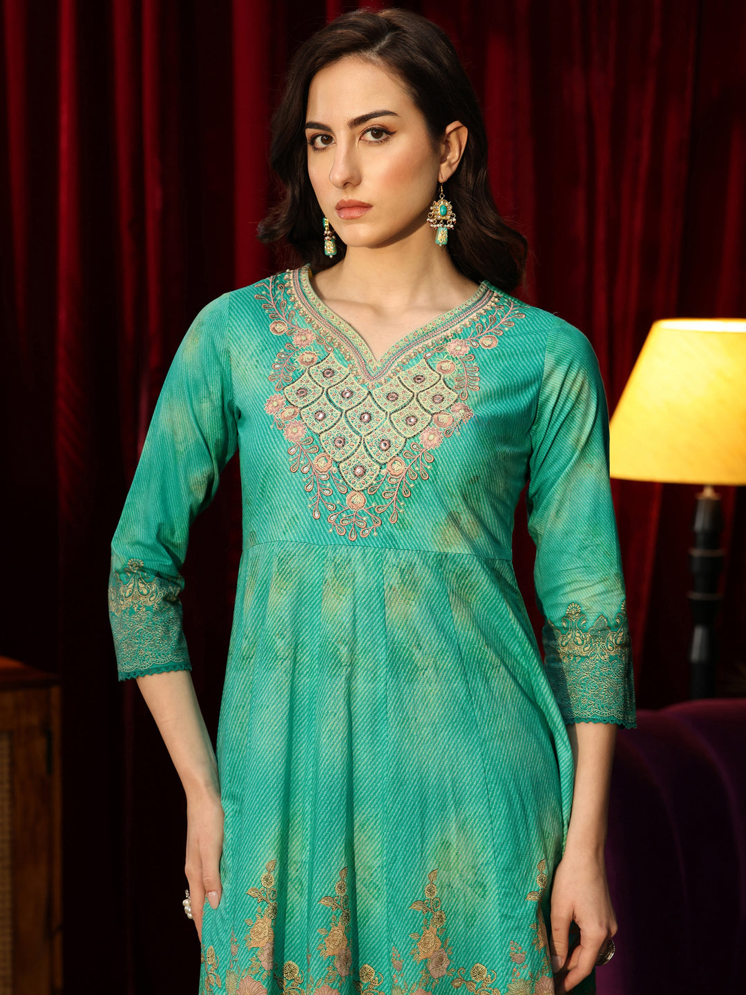  Teal Green Floral Printed Cotton Anarkali Suit Set 