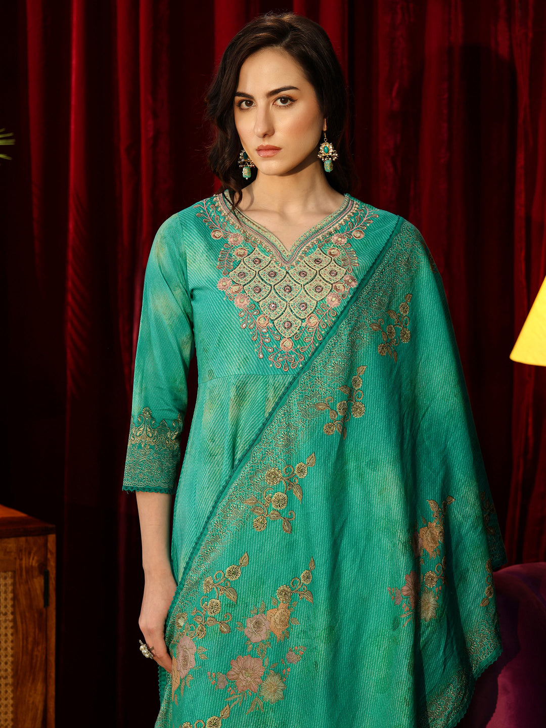  Teal Green Floral Printed Cotton Anarkali Suit Set 