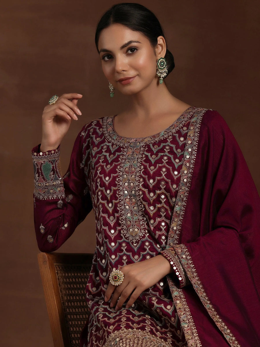 Buy Adaa Wine Embroidered Silk Blend Straight Kurta With Palazzos ...