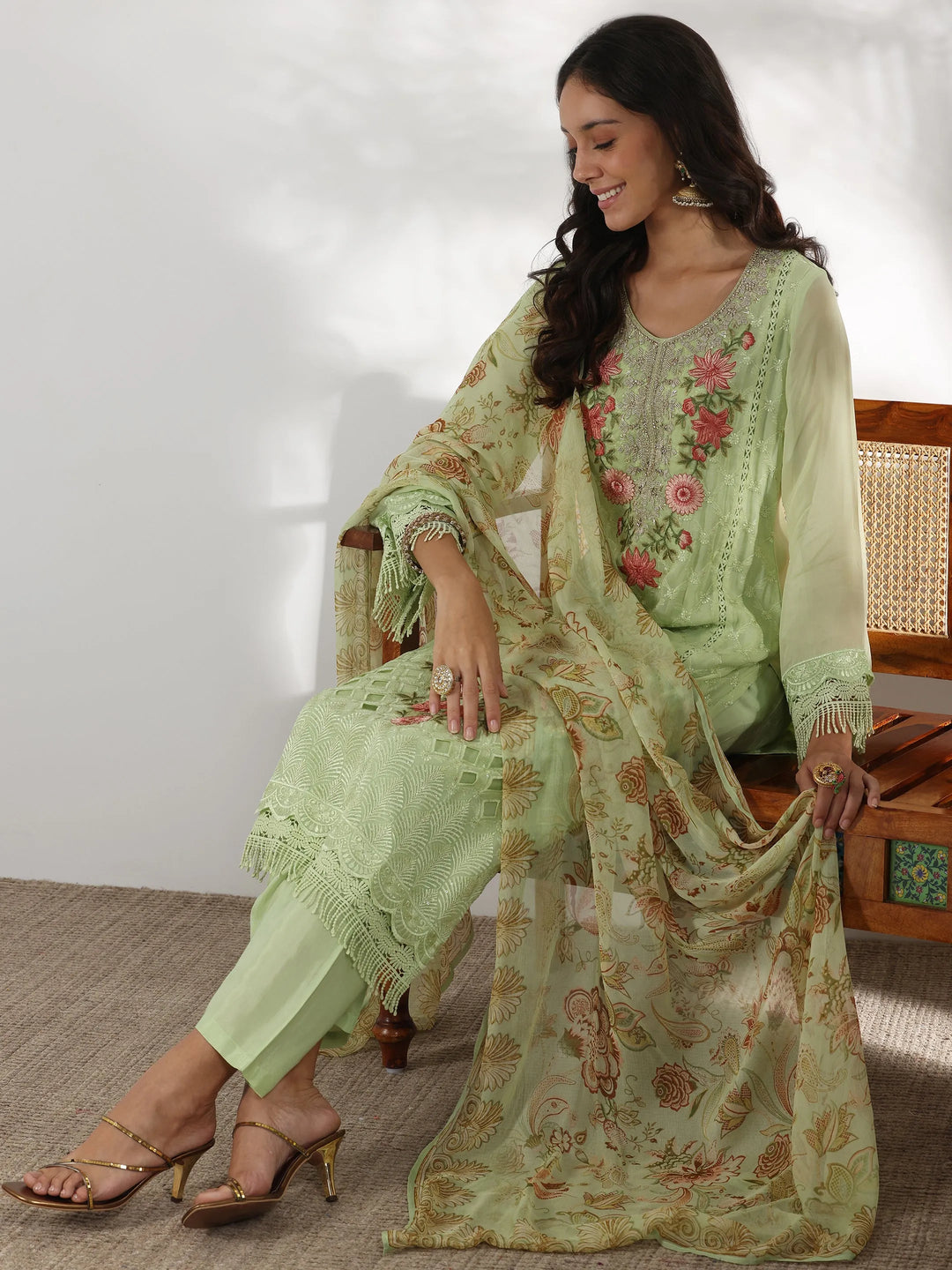  Green Embroidered Organza Straight Suit With Dupatta 