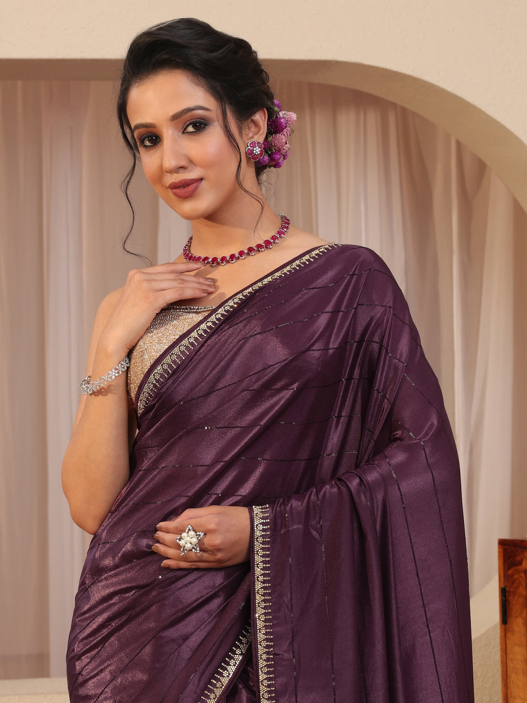  Burgundy Silk Blend Saree 