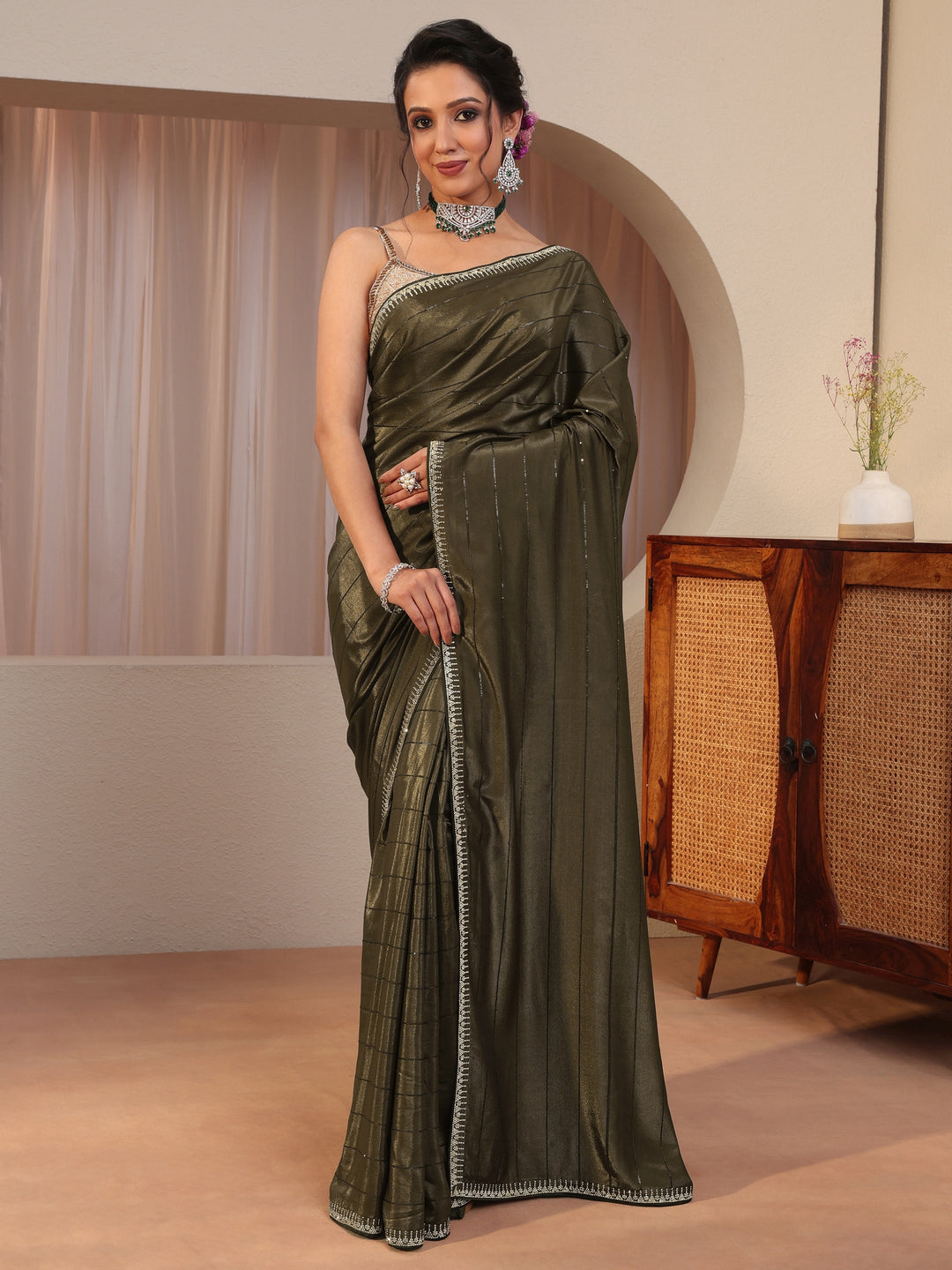  Pine Green Silk Blend Saree 