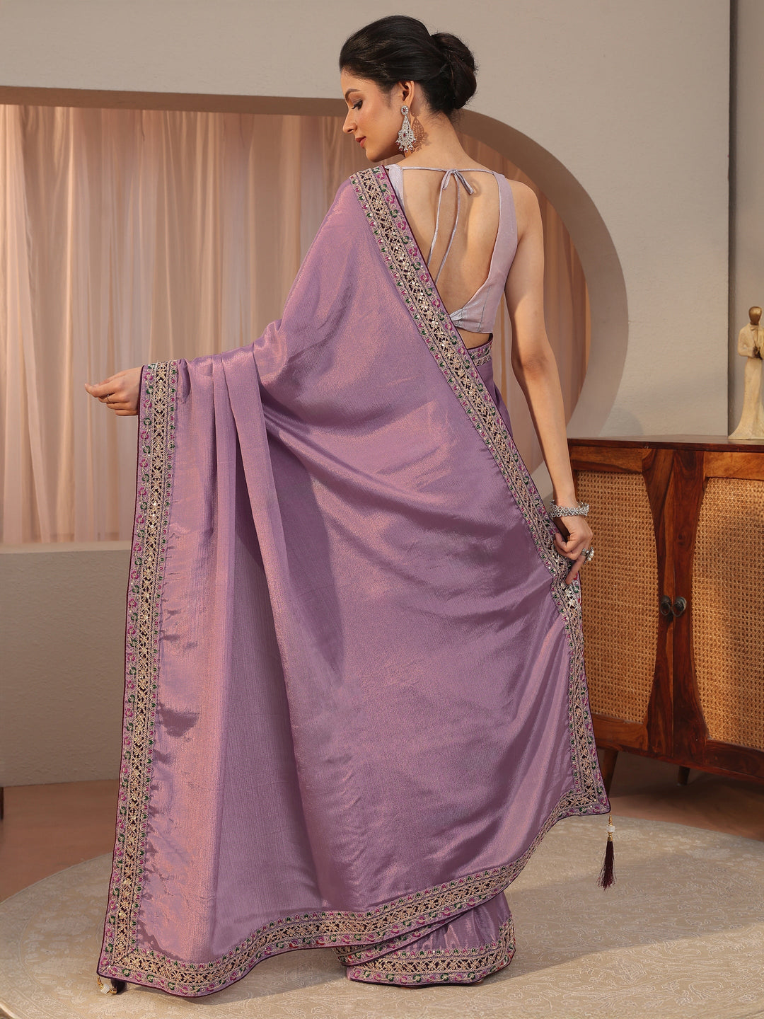  Lilac Embroidered Border Chiffon Saree 