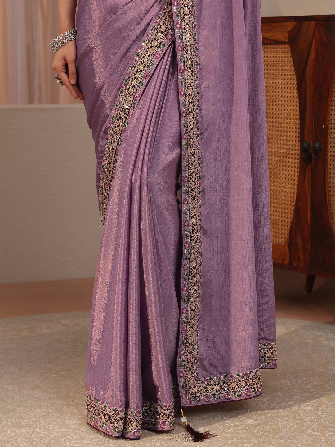  Lilac Embroidered Border Chiffon Saree 
