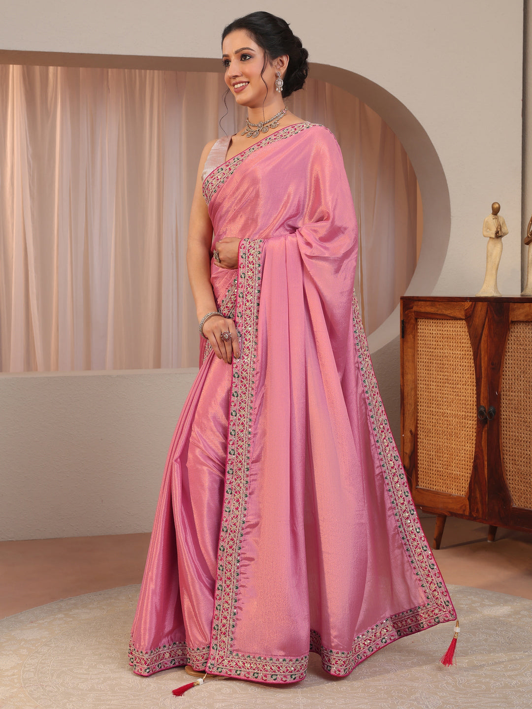  Bubblegum Pink Embroidered Border Chiffon Saree 