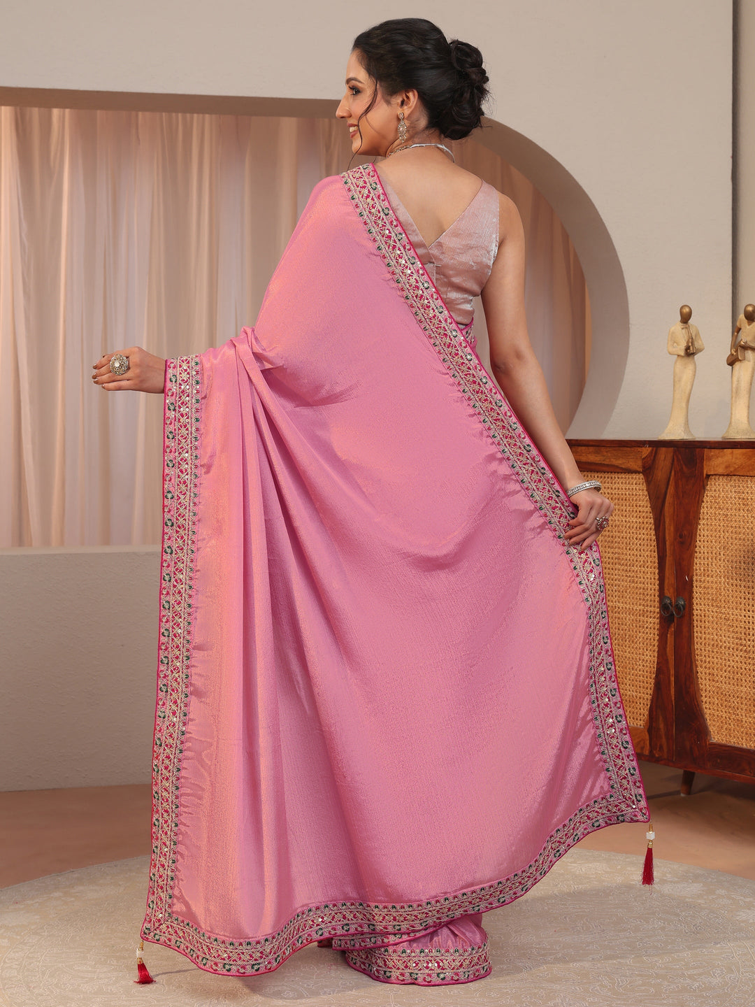  Bubblegum Pink Embroidered Border Chiffon Saree 