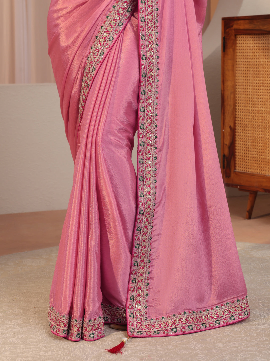  Bubblegum Pink Embroidered Border Chiffon Saree 