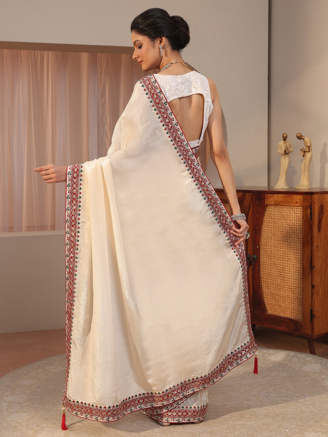  Cream Chiffon Saree With Embroidered Border 