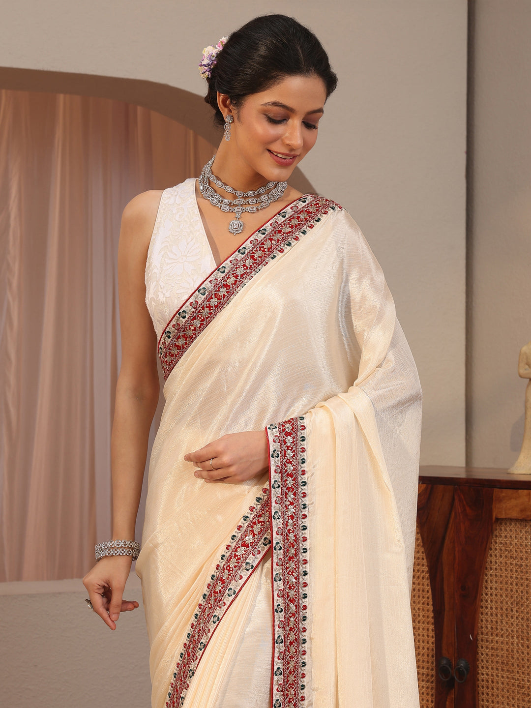  Cream Chiffon Saree With Embroidered Border 