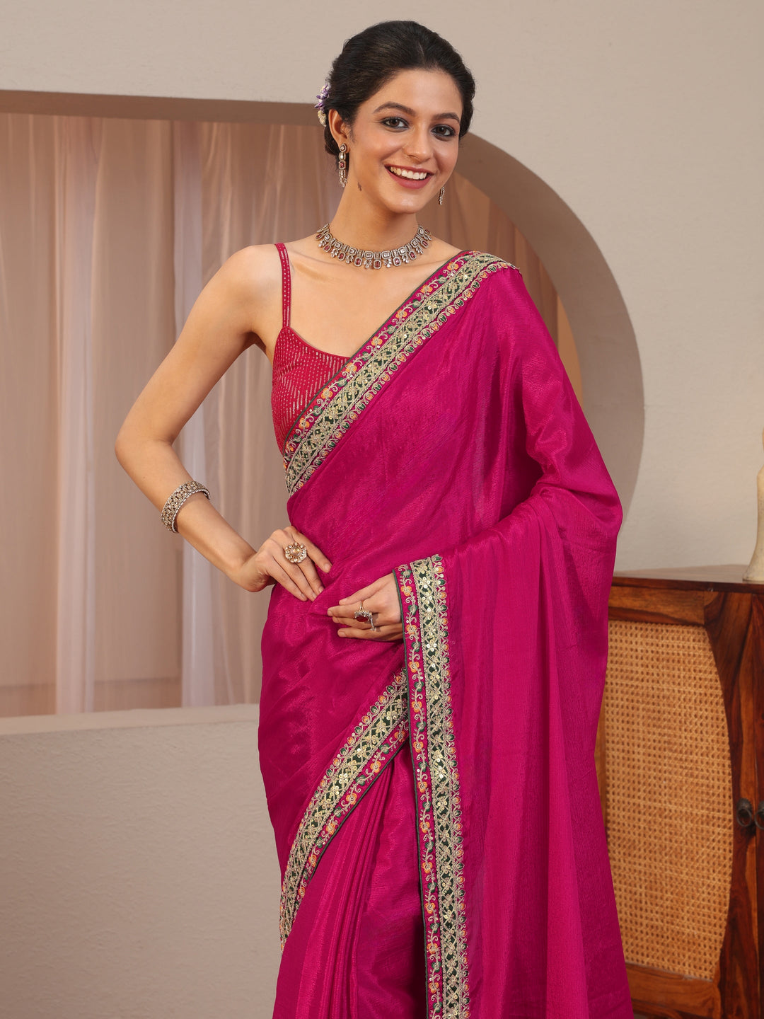  Pink Chiffon Saree With Embroidered Border 