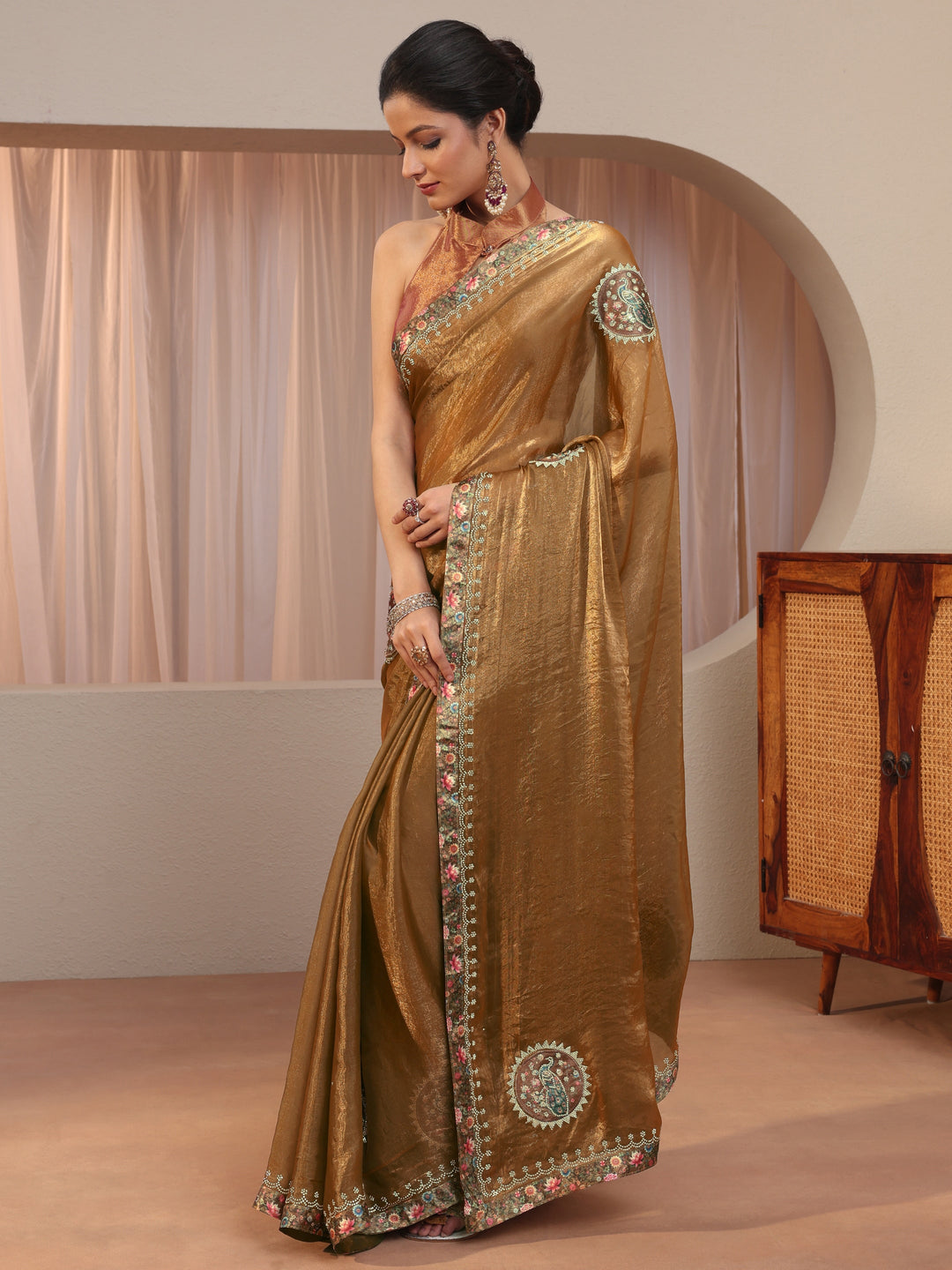  Golden Tissue Saree With Embellished Peacock Motifs 