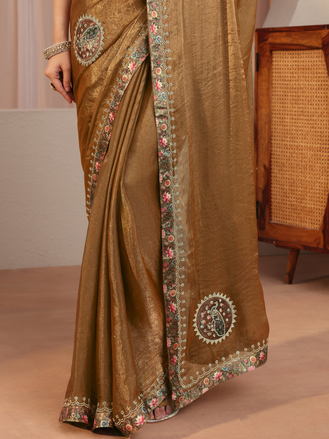  Golden Tissue Saree With Embellished Peacock Motifs 
