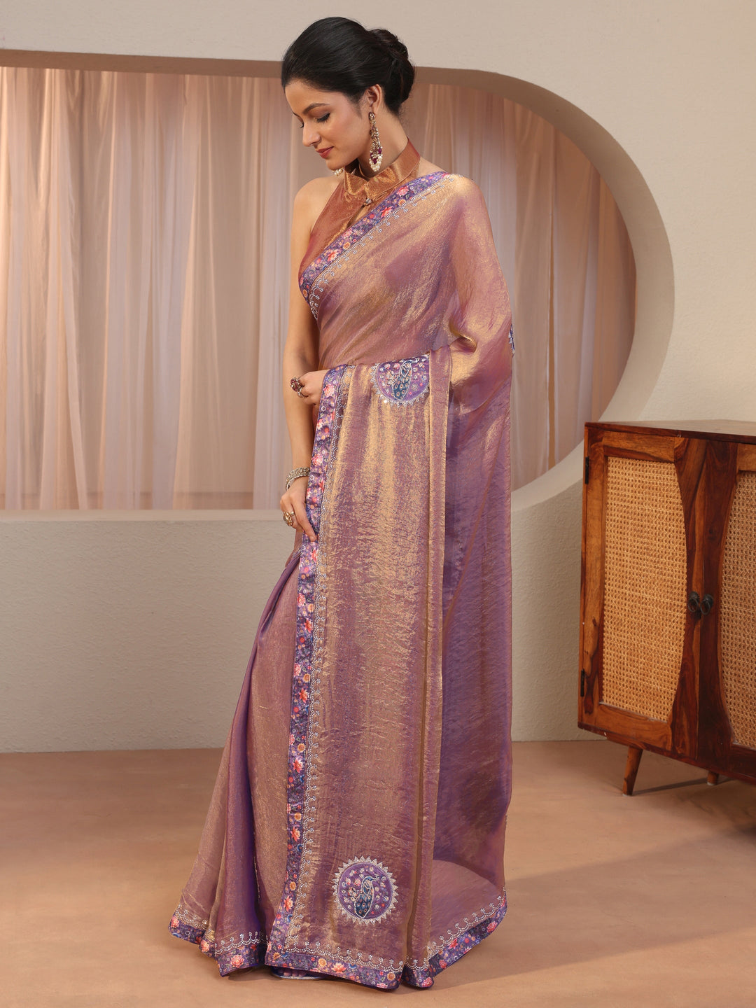  Golden Peacock Motifs Tissue Saree 