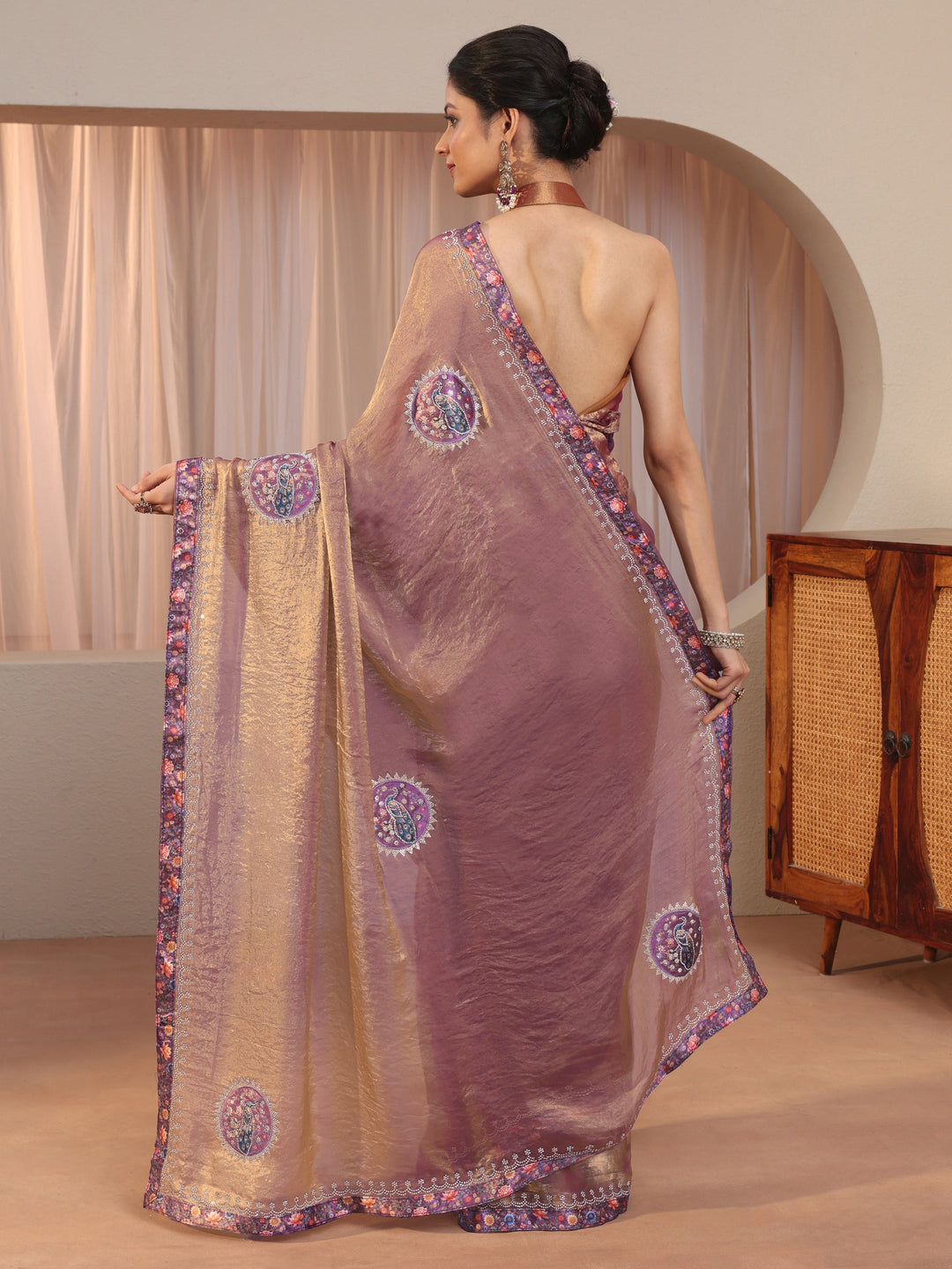  Golden Peacock Motifs Tissue Saree 