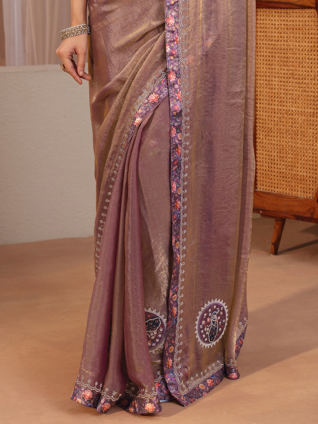  Golden Peacock Motifs Tissue Saree 
