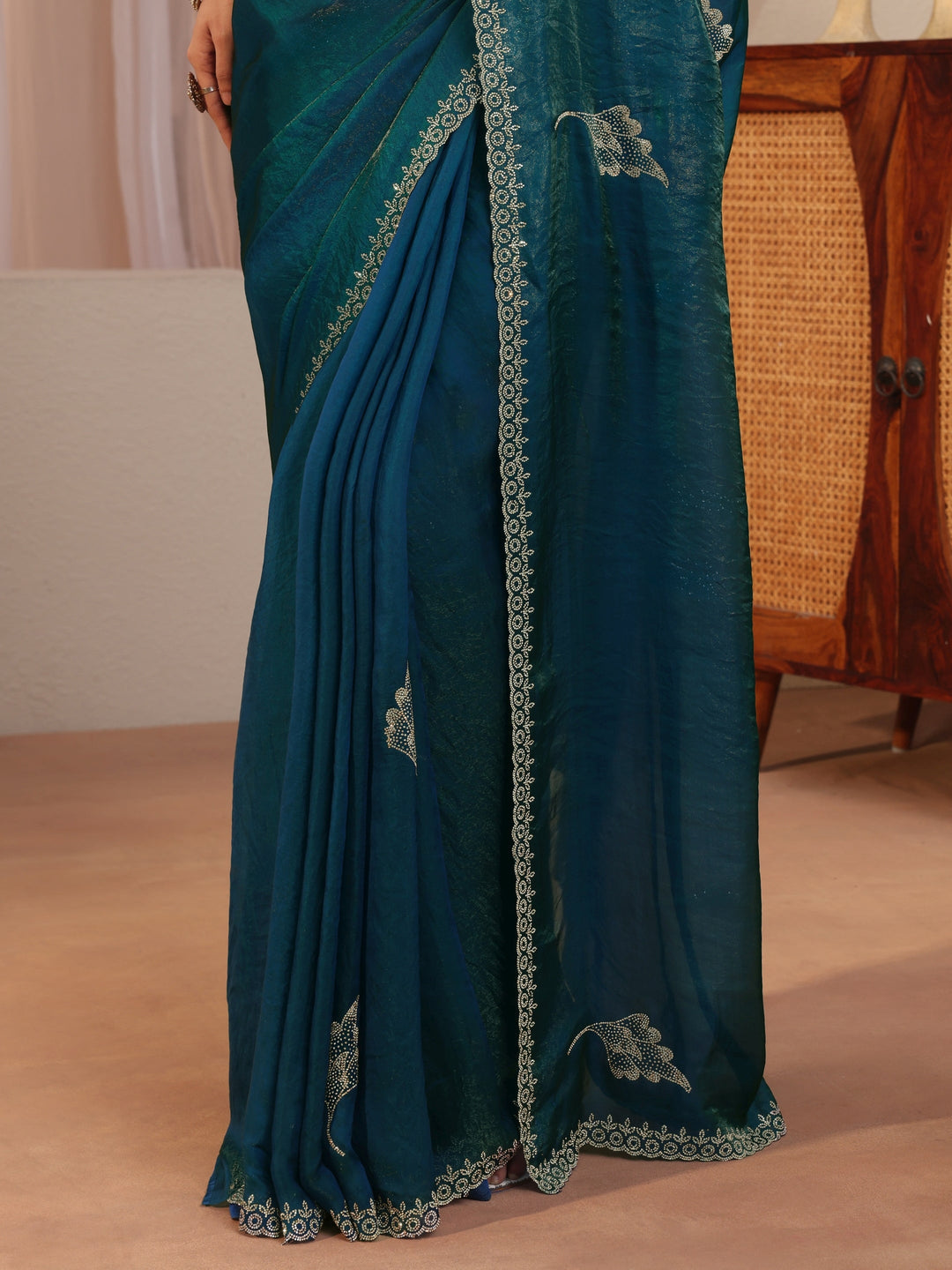  Peacock Blue Tissue Saree With Embellished Leaf Motifs 