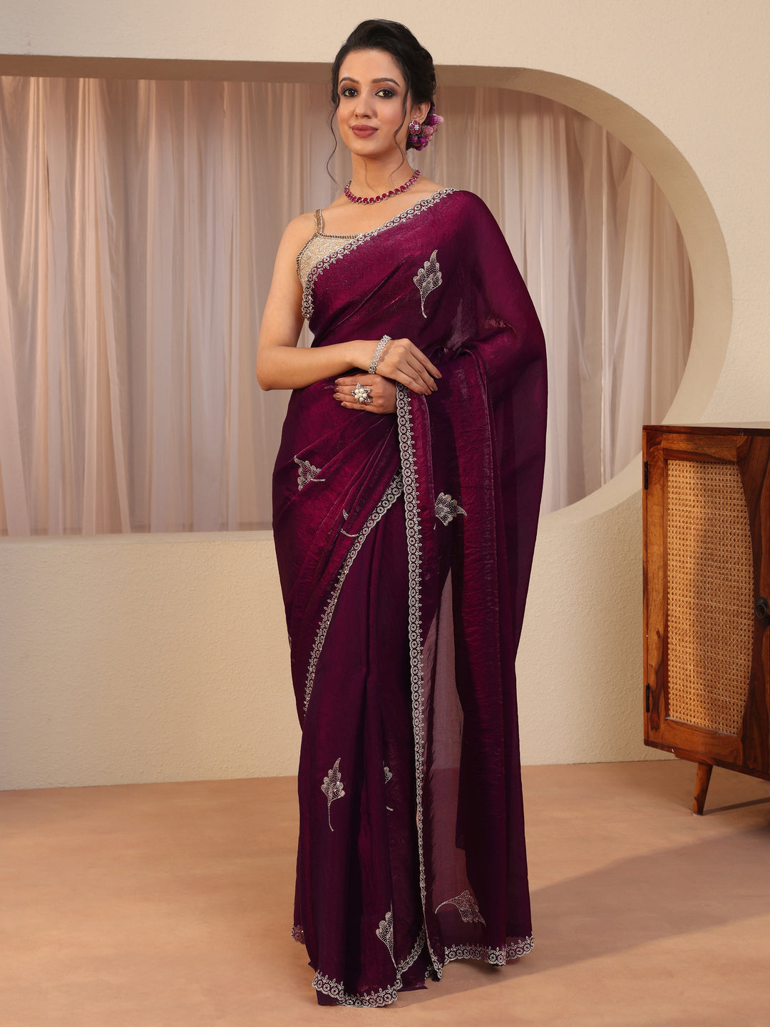  Burgundy Tissue Saree With Embellished Leaf Motifs 