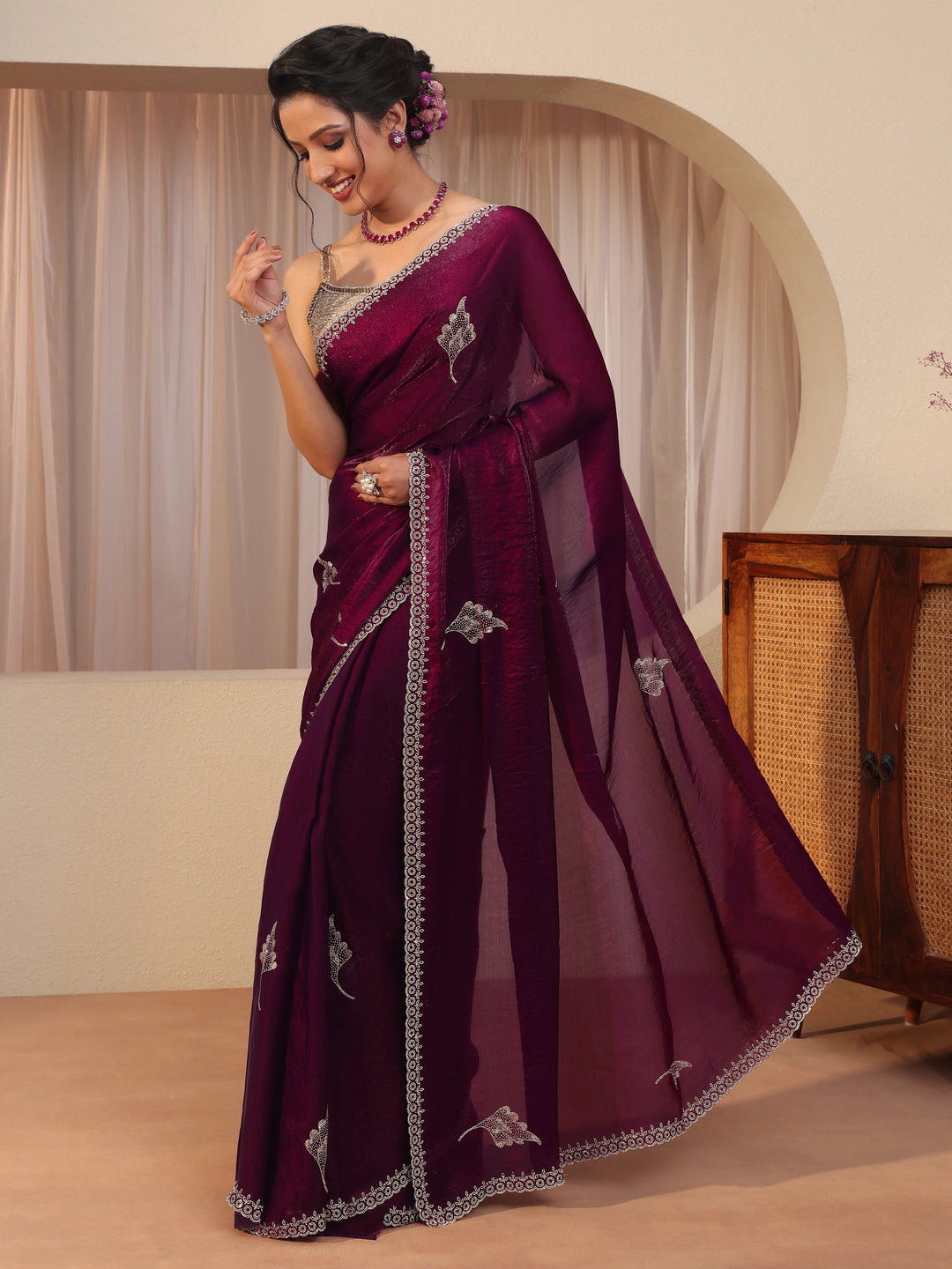  Burgundy Tissue Saree With Embellished Leaf Motifs 