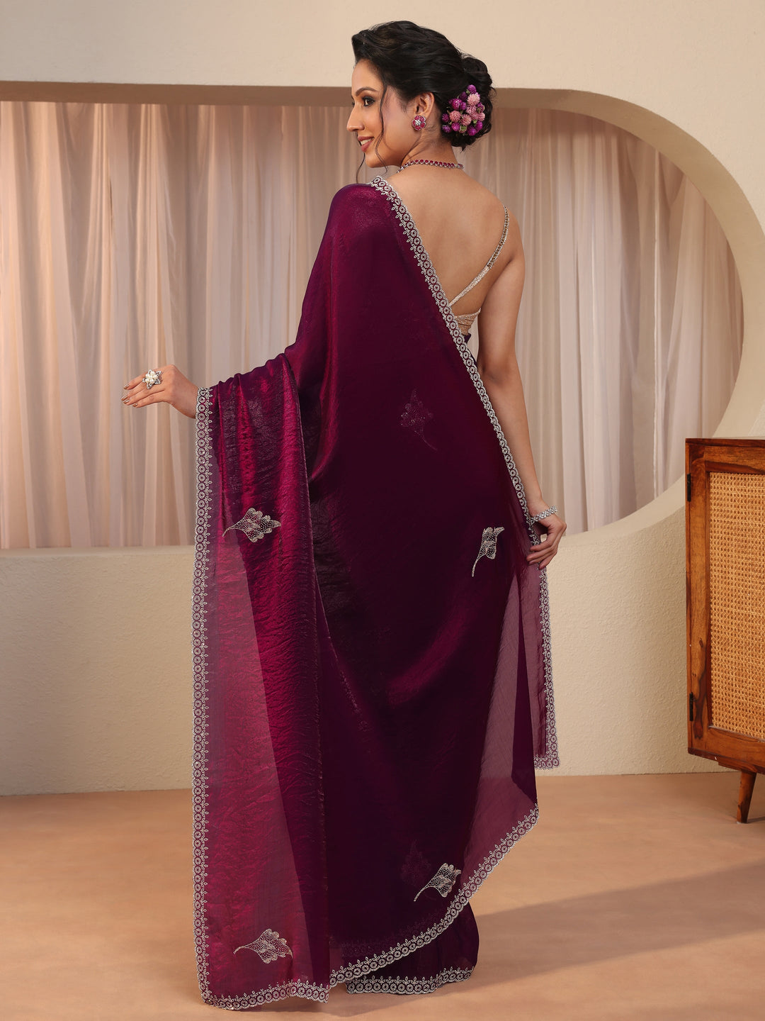 Burgundy Tissue Saree With Embellished Leaf Motifs 