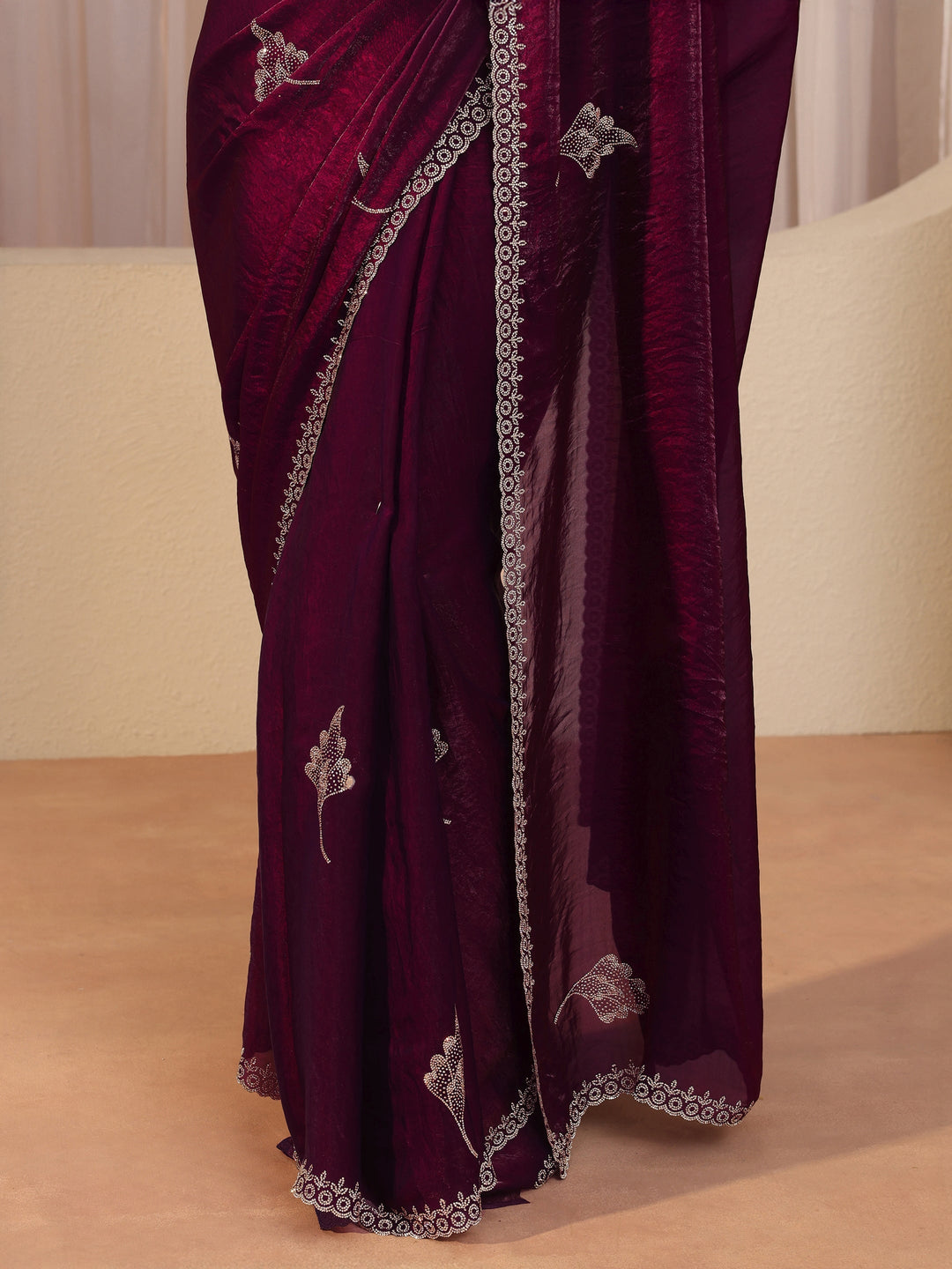 Burgundy Tissue Saree With Embellished Leaf Motifs 