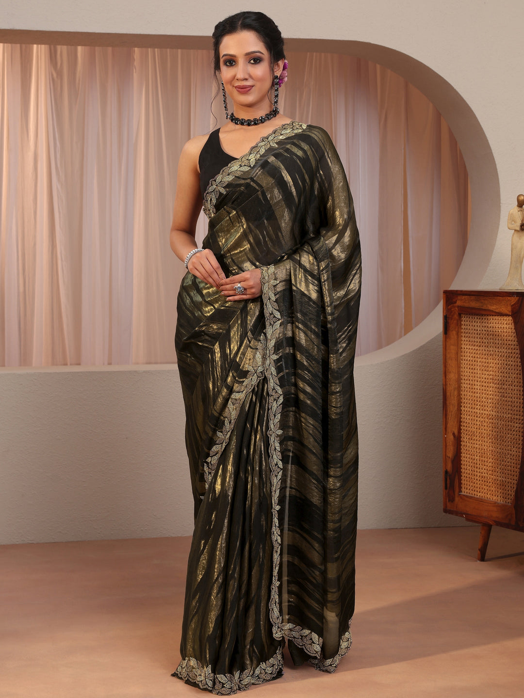  Black And Golden Tissue Saree With Embellished Border 