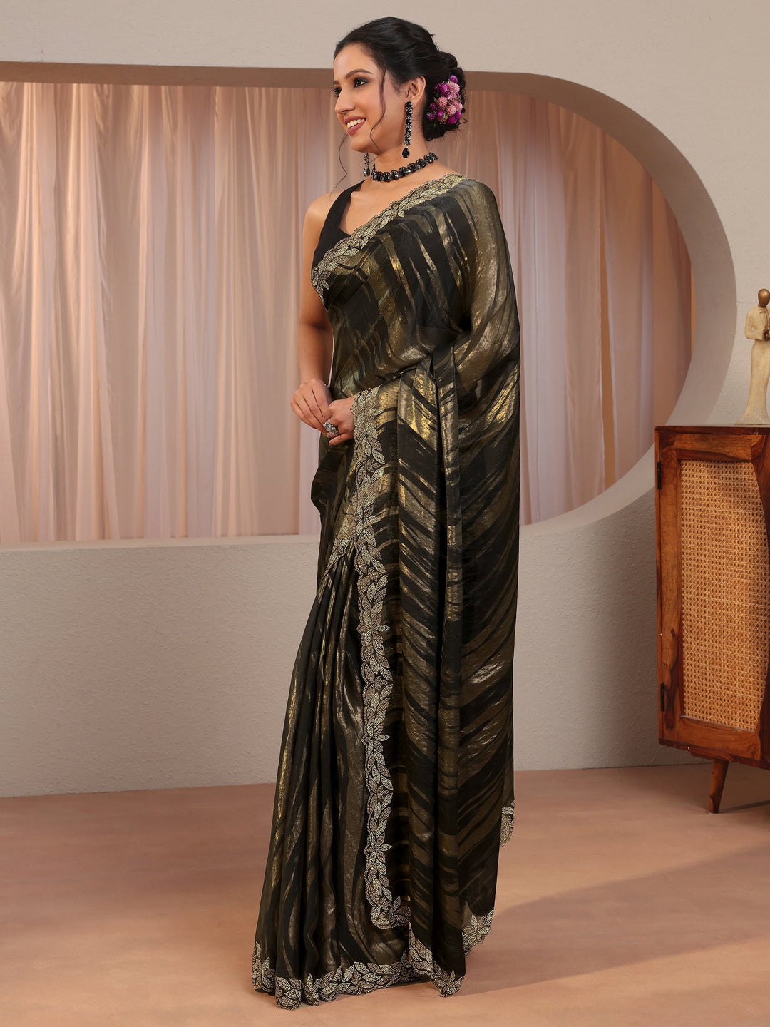  Black And Golden Tissue Saree With Embellished Border 