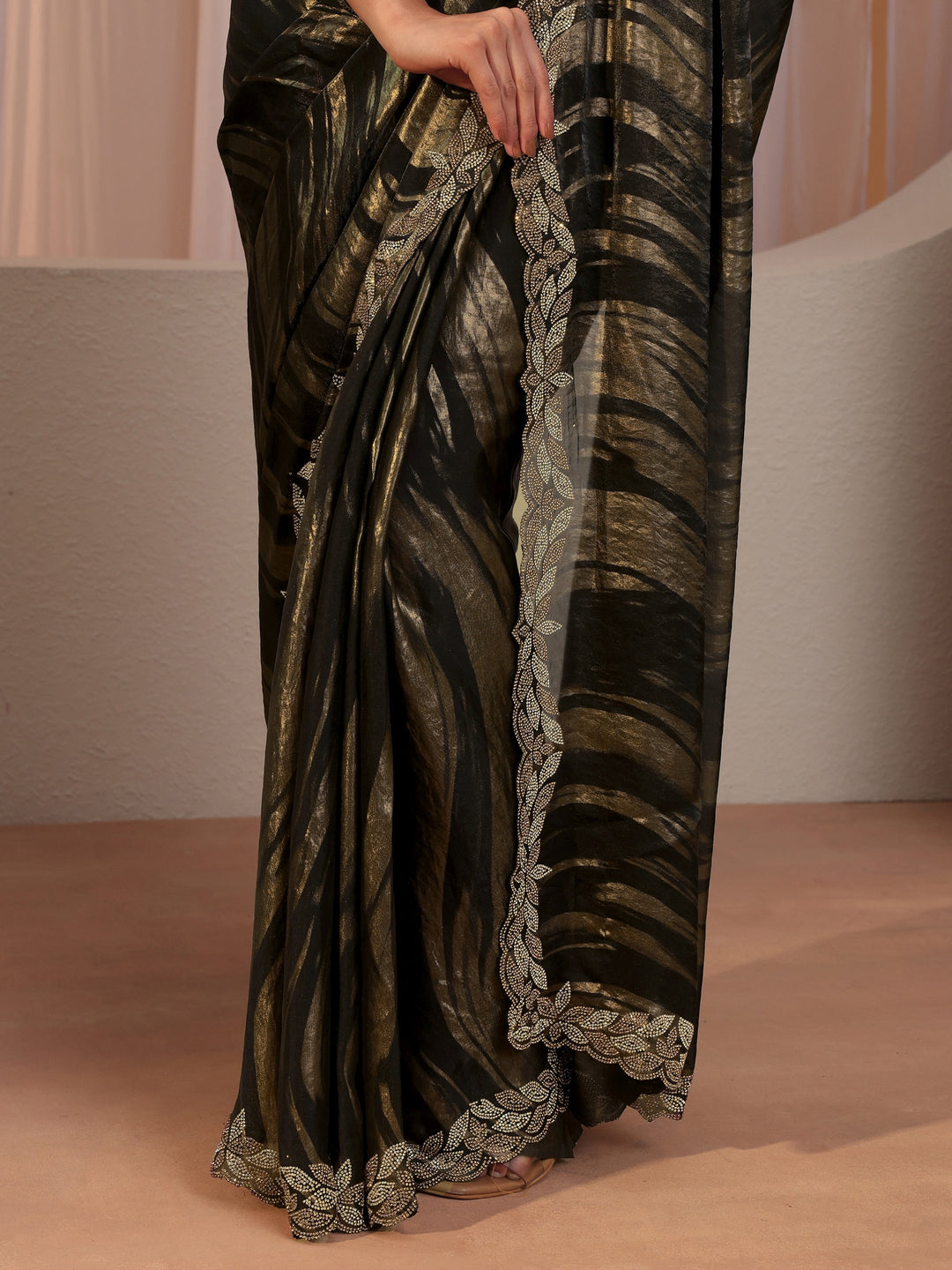  Black And Golden Tissue Saree With Embellished Border 