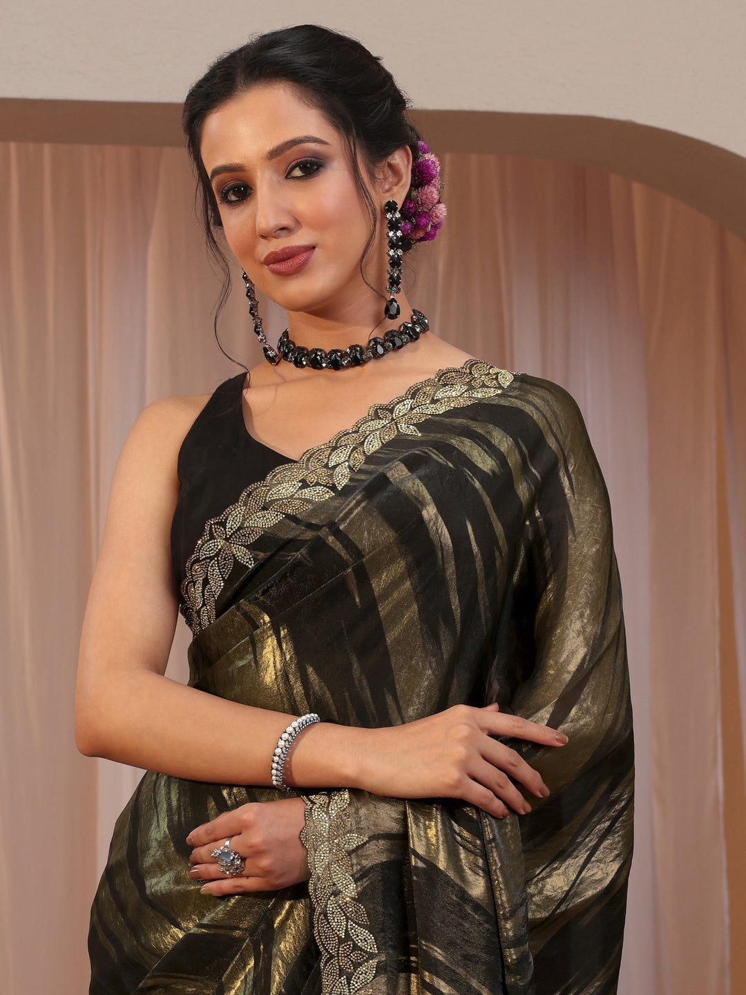  Black And Golden Tissue Saree With Embellished Border 