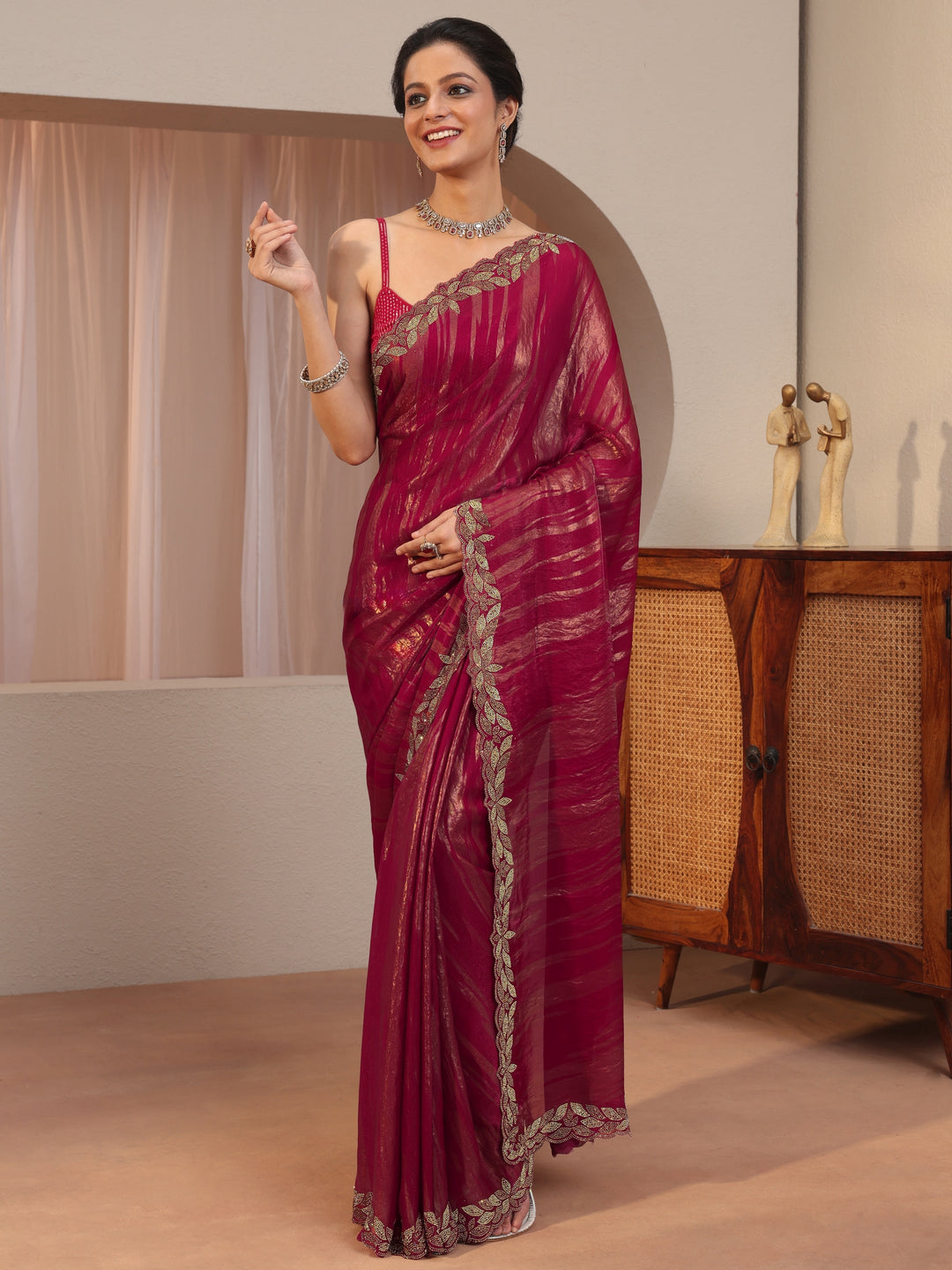  Pink And Golden Tissue Saree With Embellished Border 