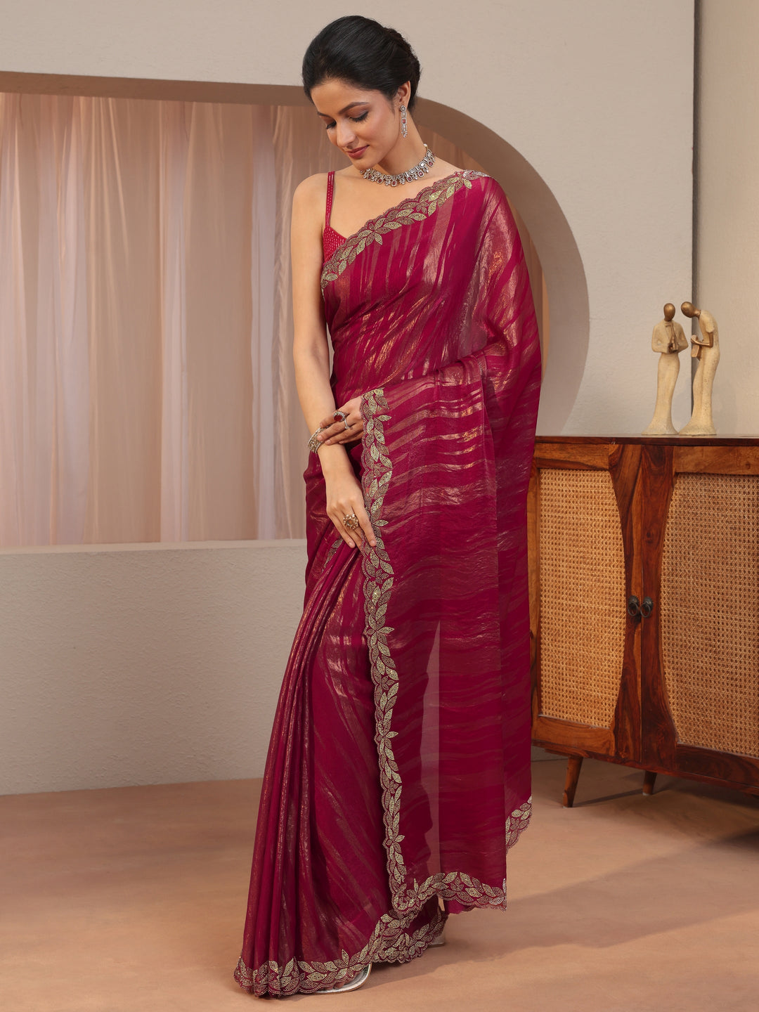  Pink And Golden Tissue Saree With Embellished Border 