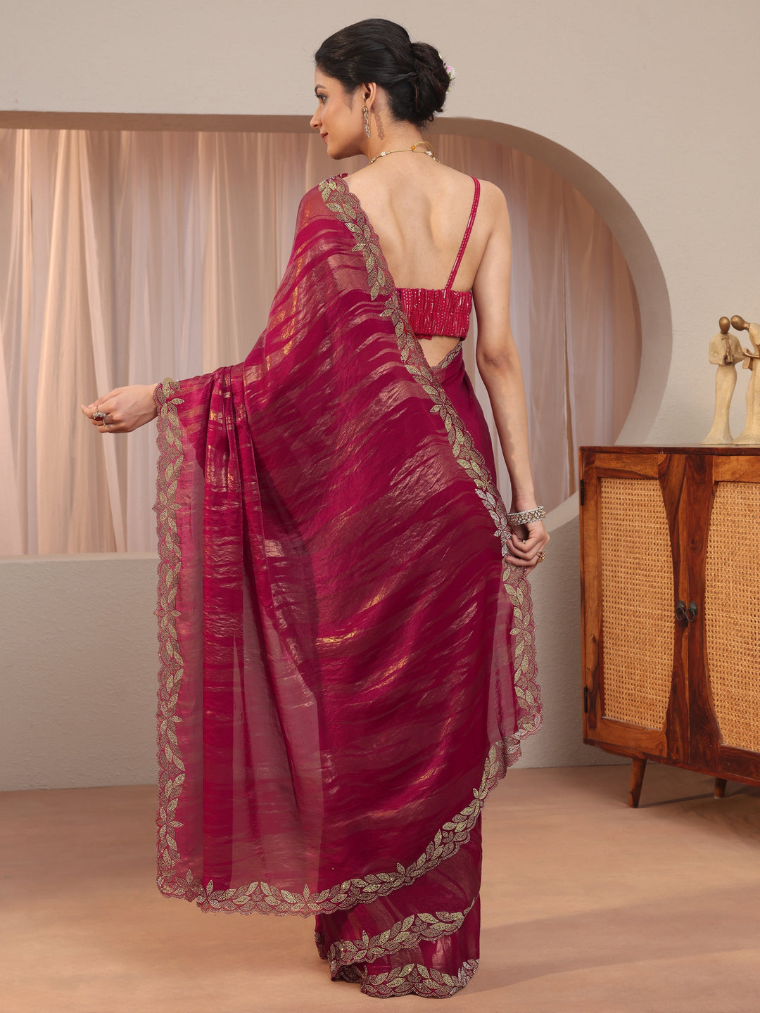  Pink And Golden Tissue Saree With Embellished Border 
