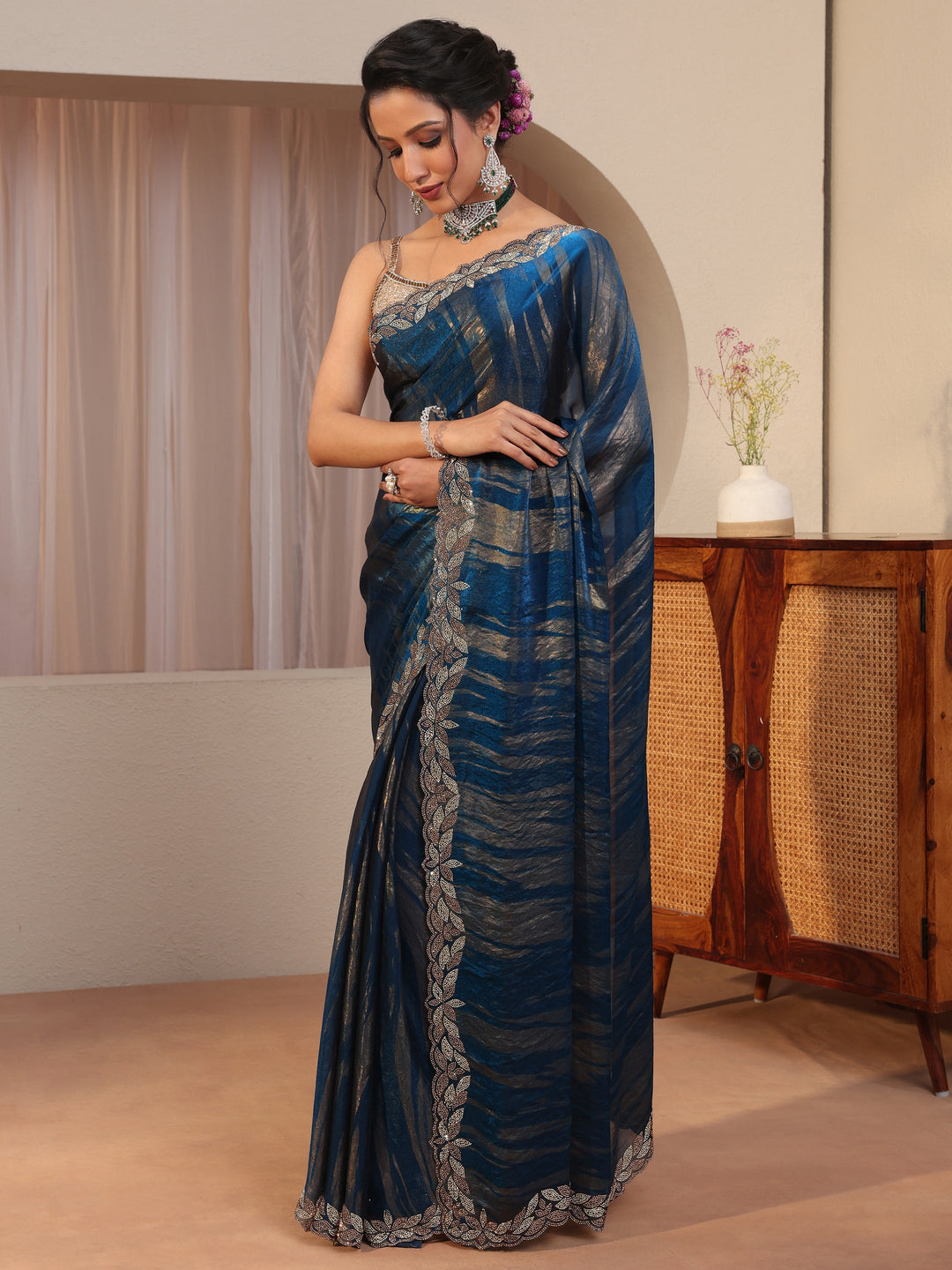 Blue And Golden Tissue Saree With Embellished Border 