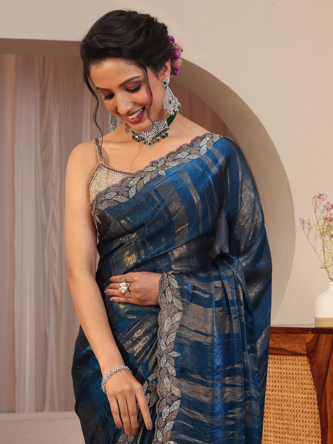  Blue And Golden Tissue Saree With Embellished Border 