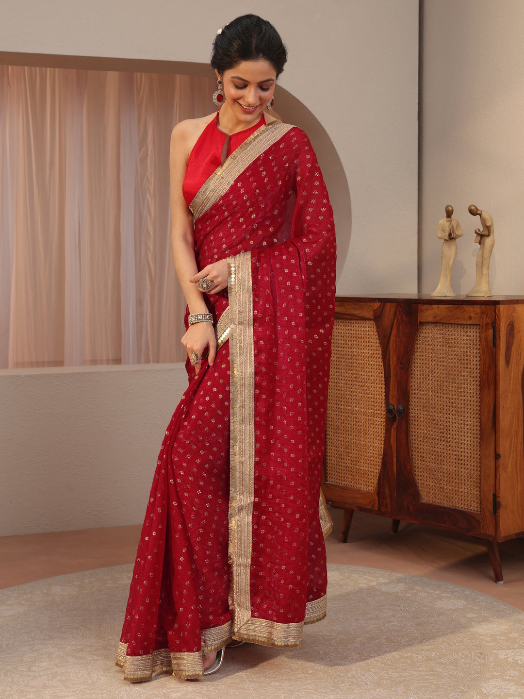  Carnelian Red Foil Printed Tissue Saree 