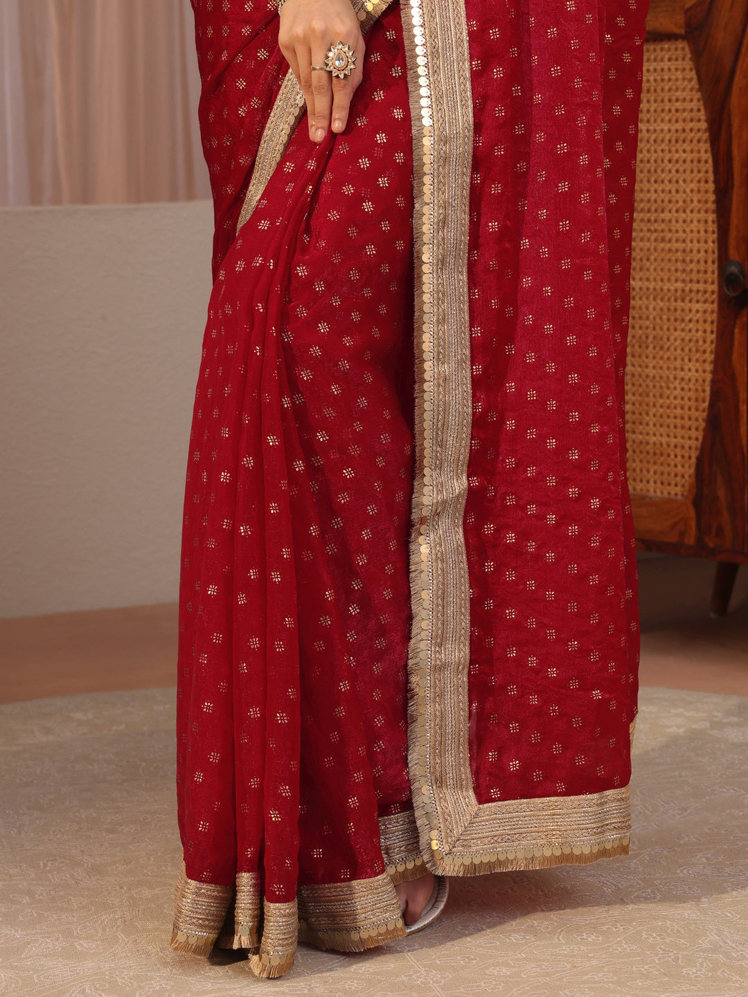  Carnelian Red Foil Printed Tissue Saree 