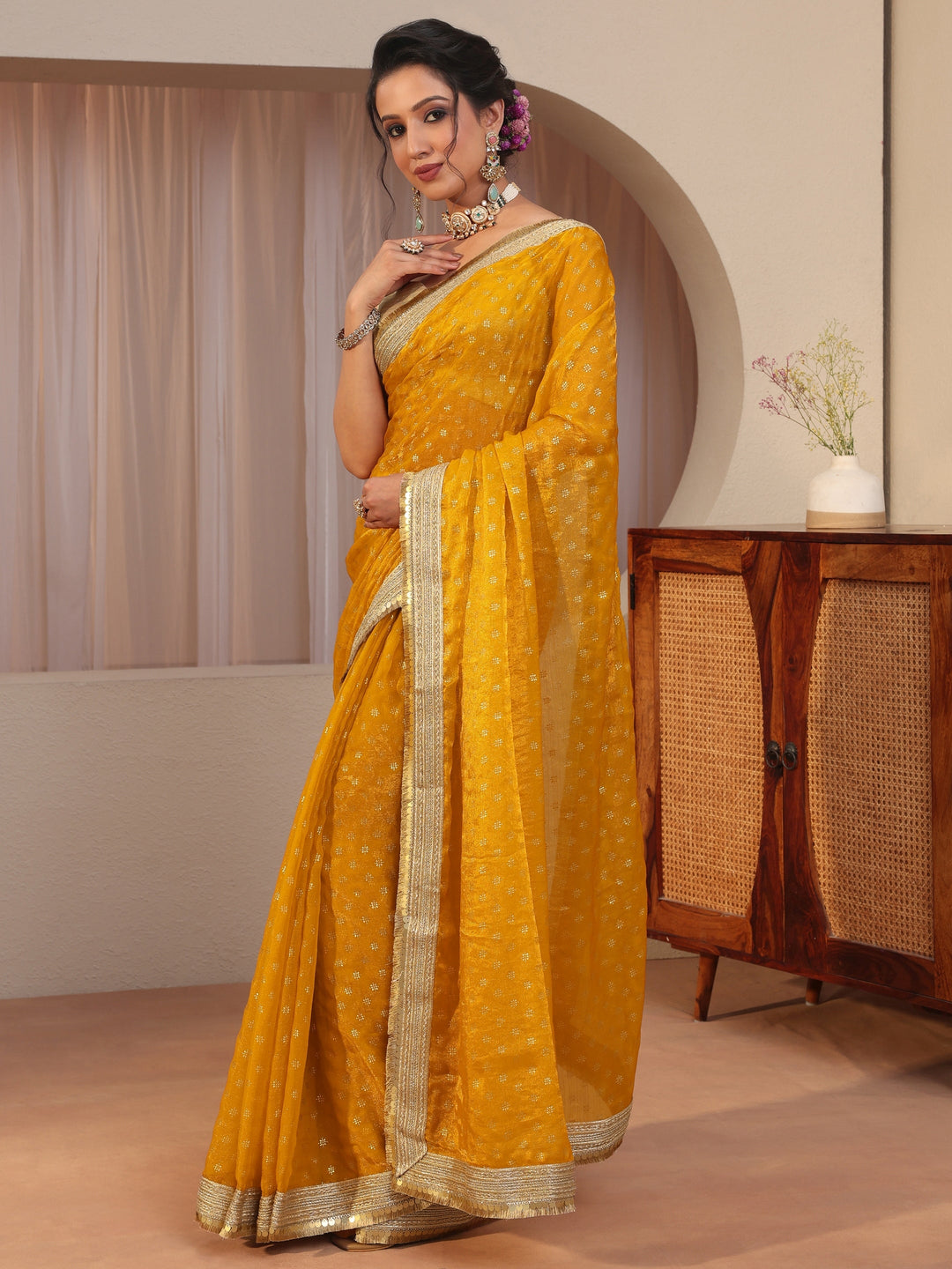 Mustard Foil Printed Tissue Saree 