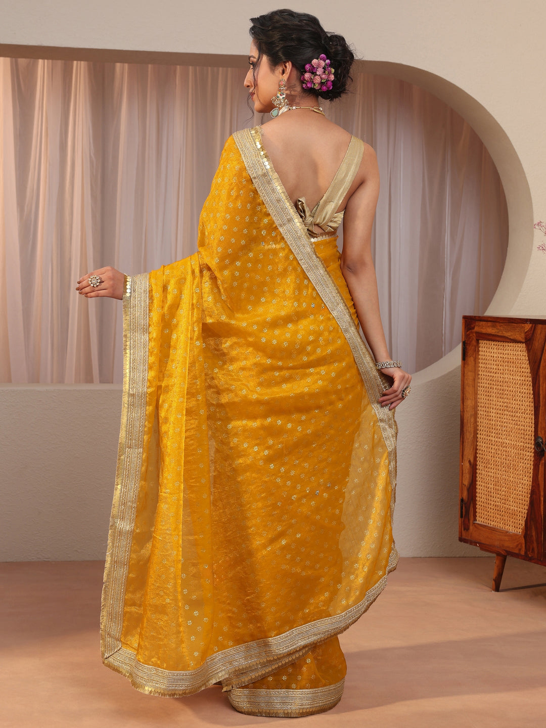  Mustard Foil Printed Tissue Saree 